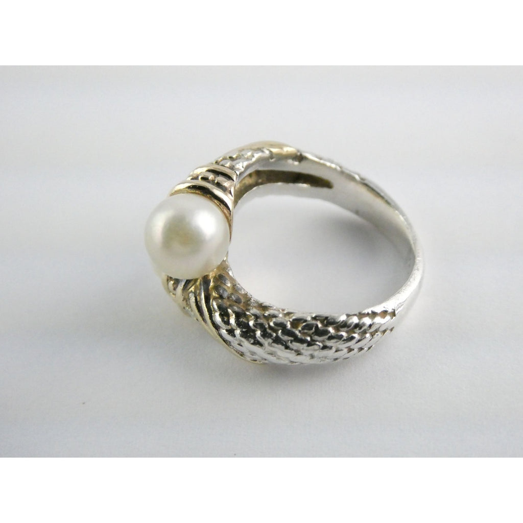 Designer Sterling Silver and 14k Gold Cultured Pearl Bypass Ring Size 5 6.9g