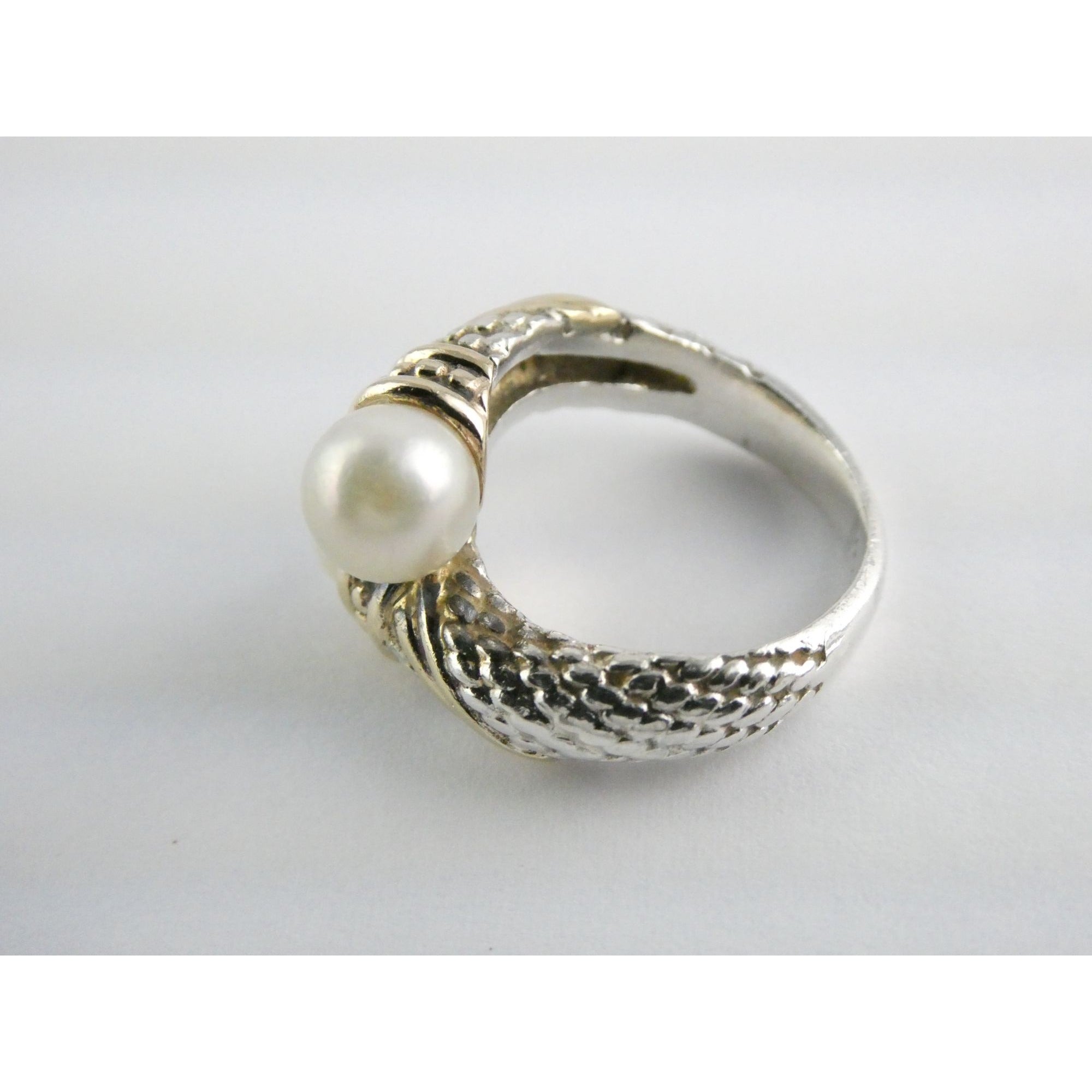 Designer Sterling Silver and 14k Gold Cultured Pearl Bypass Ring Size 5 6.9g