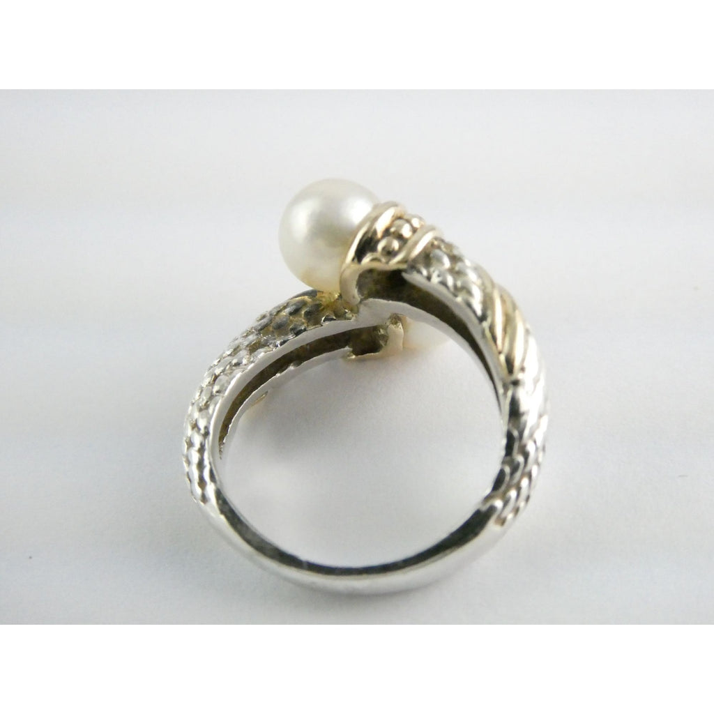 Designer Sterling Silver and 14k Gold Cultured Pearl Bypass Ring Size 5 6.9g