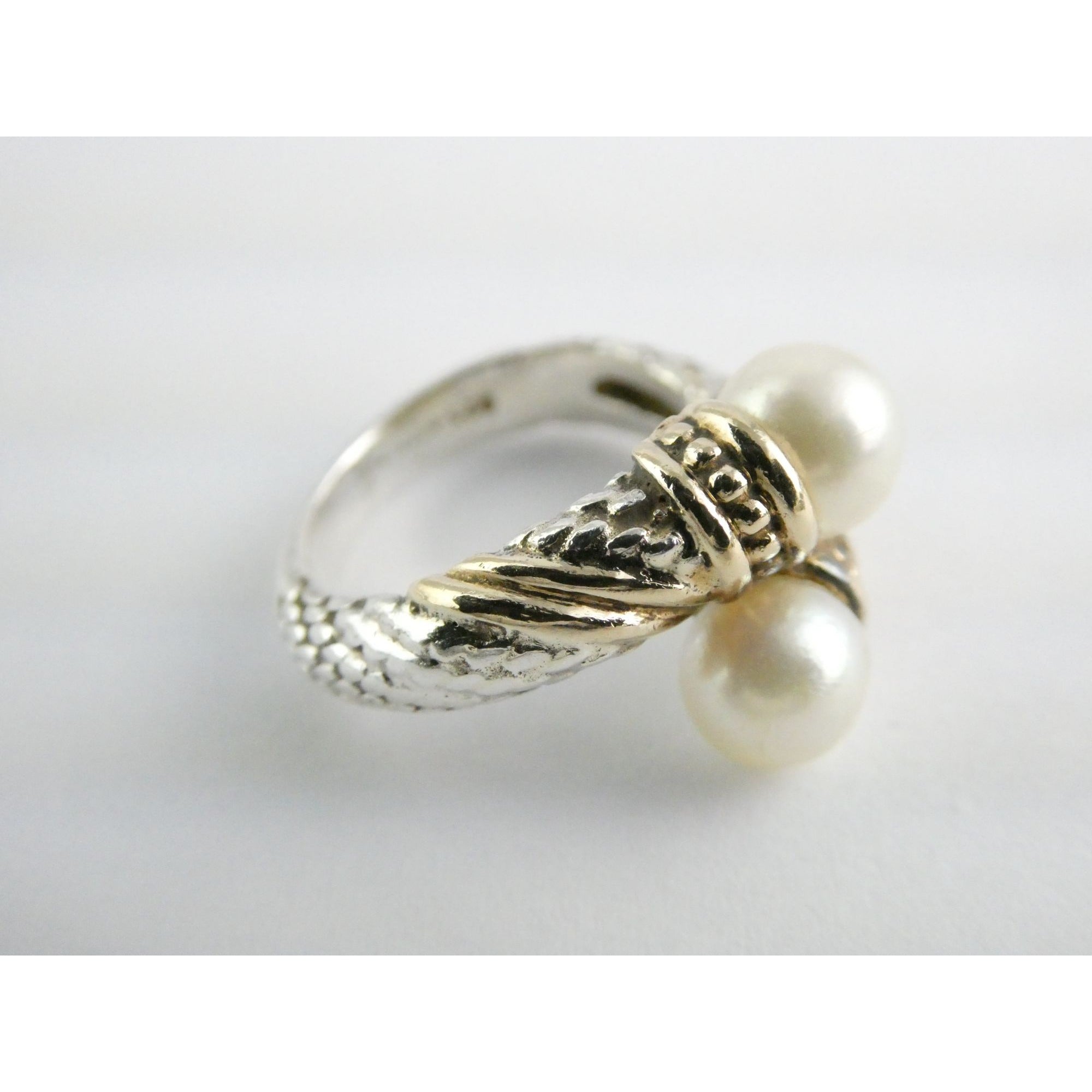 Designer Sterling Silver and 14k Gold Cultured Pearl Bypass Ring Size 5 6.9g