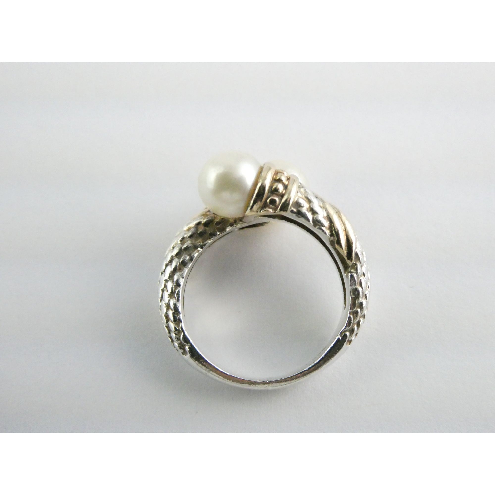 Designer Sterling Silver and 14k Gold Cultured Pearl Bypass Ring Size 5 6.9g