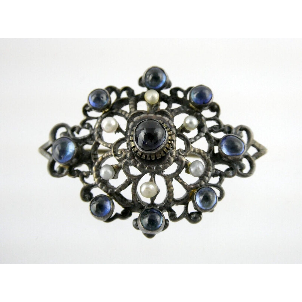 Antique Victorian Sterling Silver Sapphire Seed Pearl Openwork Pin Pendant 9.1g