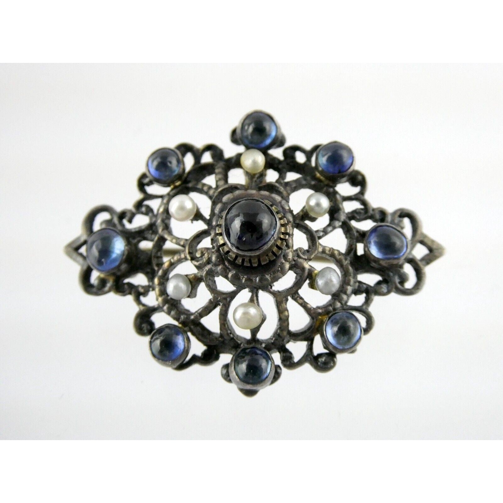 Antique Victorian Sterling Silver Sapphire Seed Pearl Openwork Pin Pendant 9.1g