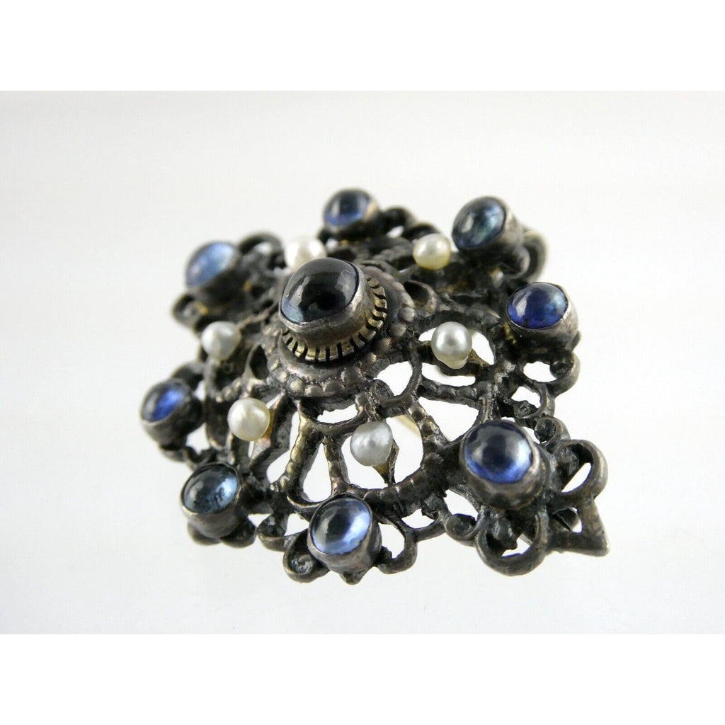 Antique Victorian Sterling Silver Sapphire Seed Pearl Openwork Pin Pendant 9.1g