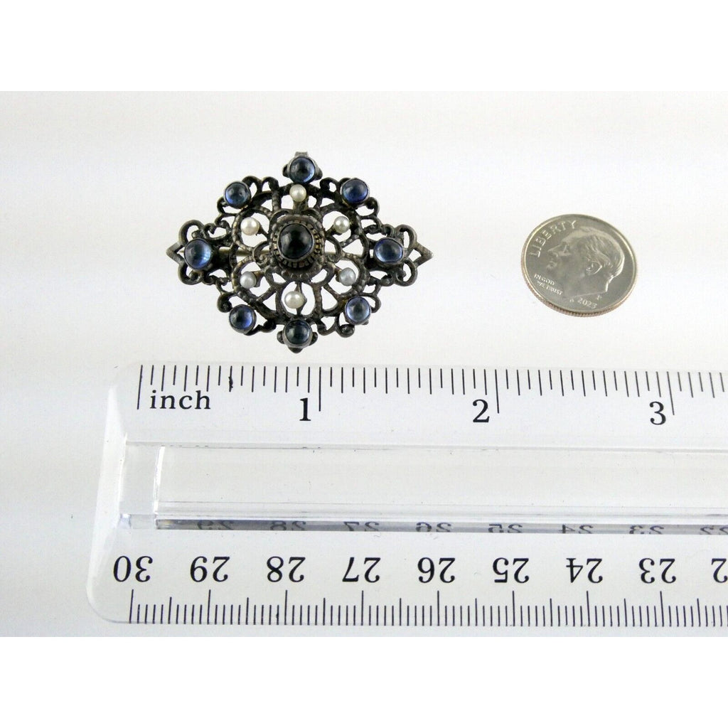 Antique Victorian Sterling Silver Sapphire Seed Pearl Openwork Pin Pendant 9.1g