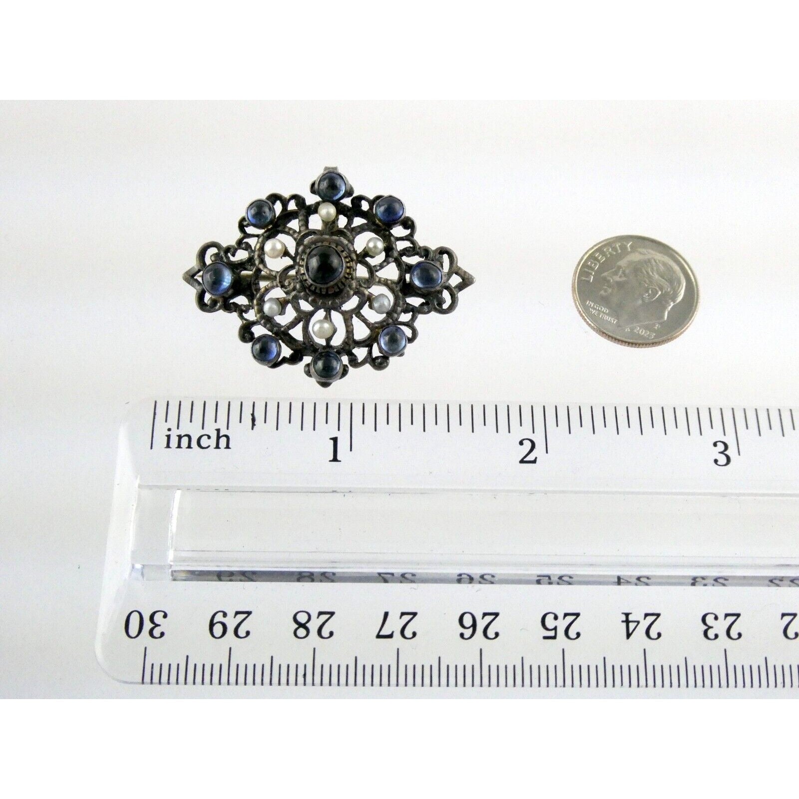 Antique Victorian Sterling Silver Sapphire Seed Pearl Openwork Pin Pendant 9.1g