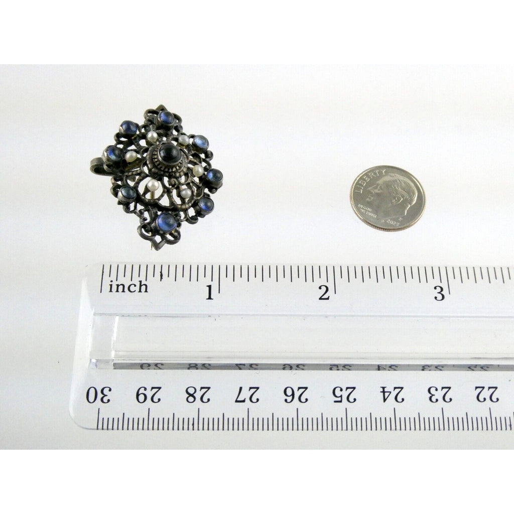 Antique Victorian Sterling Silver Sapphire Seed Pearl Openwork Pin Pendant 9.1g