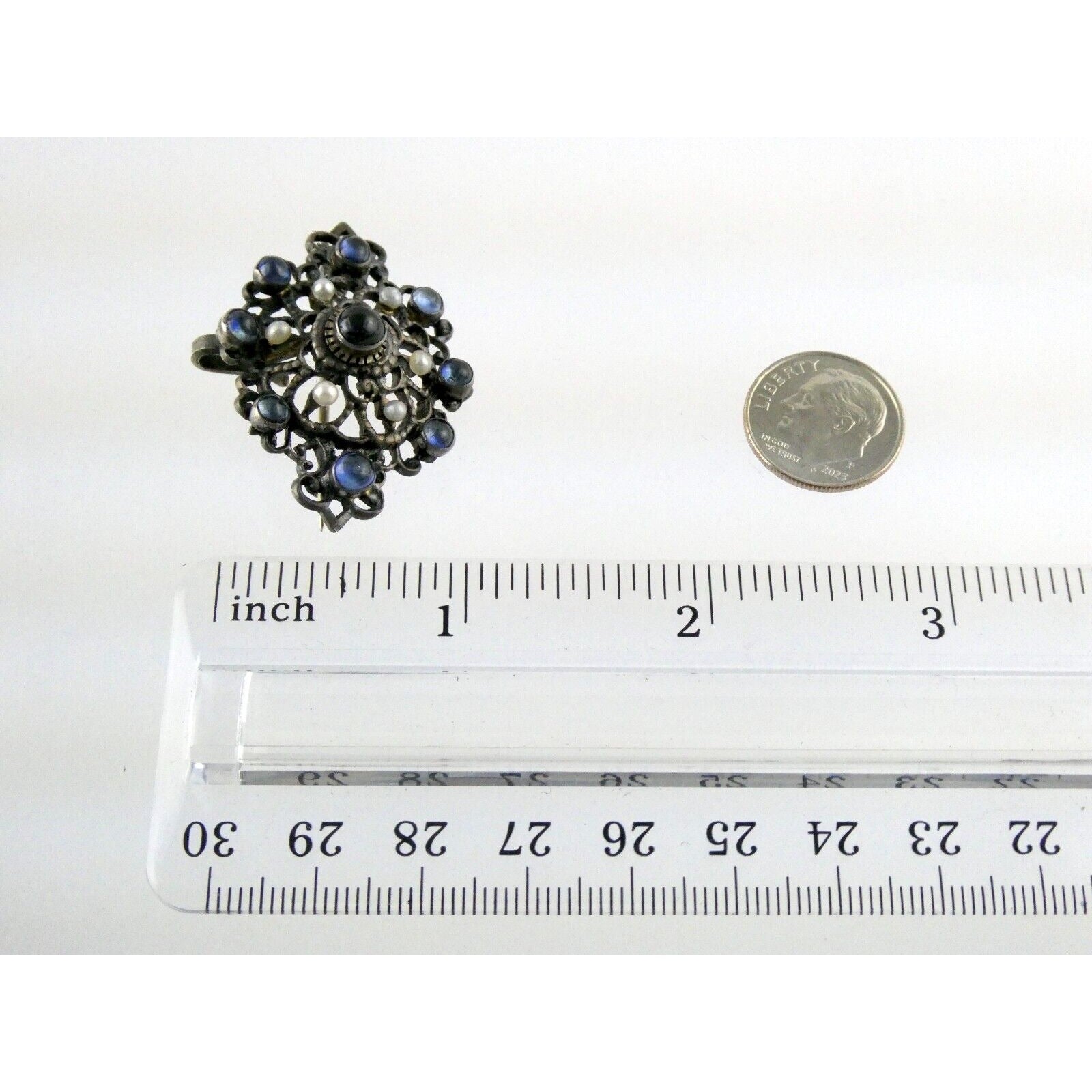 Antique Victorian Sterling Silver Sapphire Seed Pearl Openwork Pin Pendant 9.1g