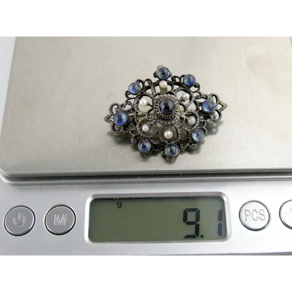 Antique Victorian Sterling Silver Sapphire Seed Pearl Openwork Pin Pendant 9.1g