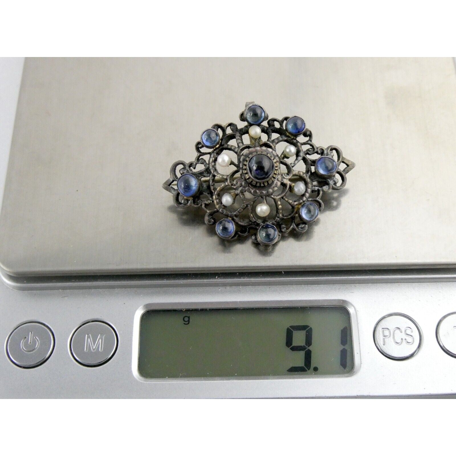 Antique Victorian Sterling Silver Sapphire Seed Pearl Openwork Pin Pendant 9.1g