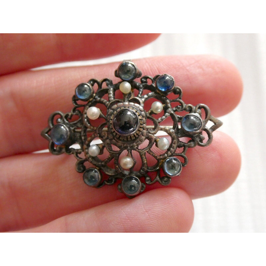 Antique Victorian Sterling Silver Sapphire Seed Pearl Openwork Pin Pendant 9.1g