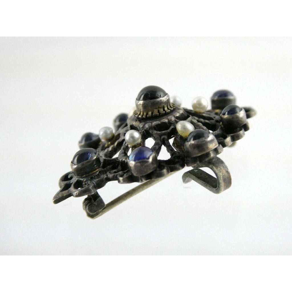 Antique Victorian Sterling Silver Sapphire Seed Pearl Openwork Pin Pendant 9.1g