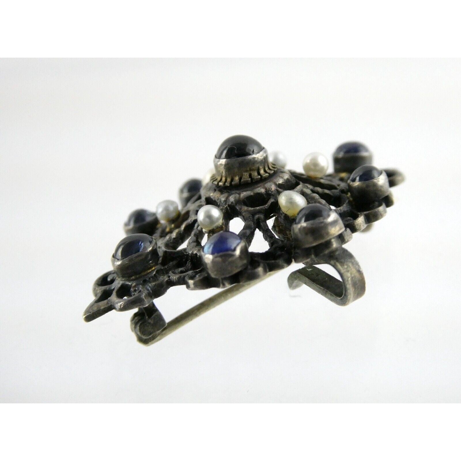 Antique Victorian Sterling Silver Sapphire Seed Pearl Openwork Pin Pendant 9.1g