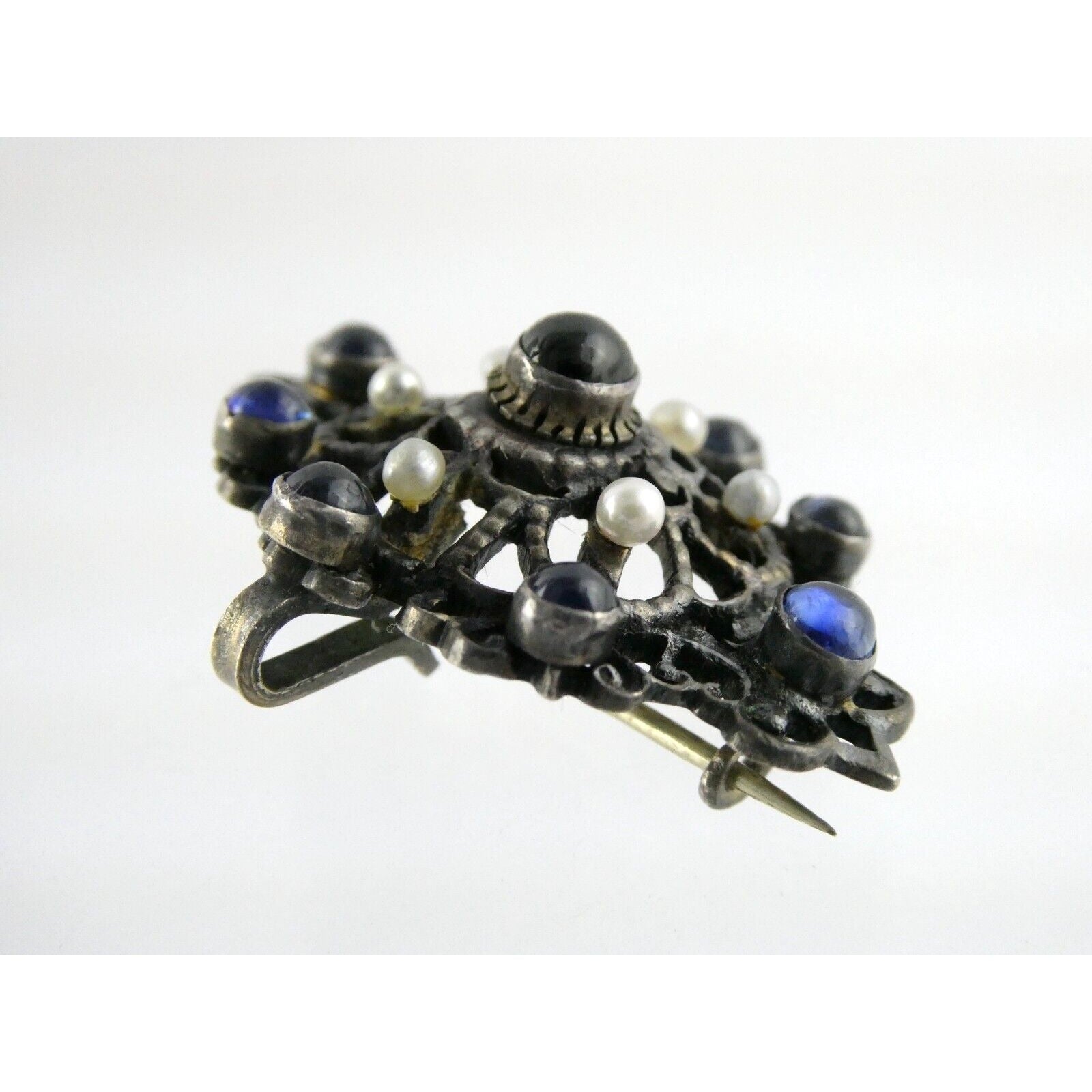 Antique Victorian Sterling Silver Sapphire Seed Pearl Openwork Pin Pendant 9.1g