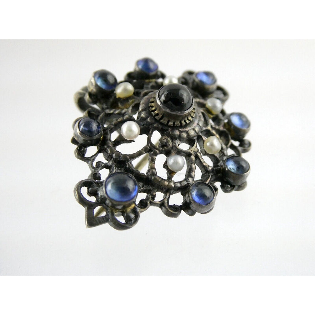 Antique Victorian Sterling Silver Sapphire Seed Pearl Openwork Pin Pendant 9.1g
