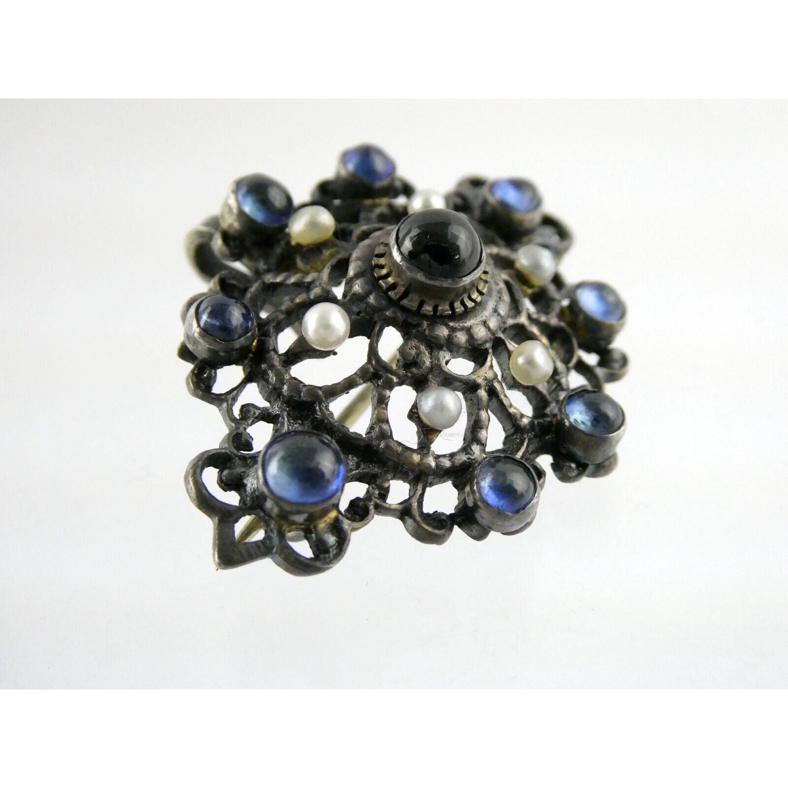 Antique Victorian Sterling Silver Sapphire Seed Pearl Openwork Pin Pendant 9.1g