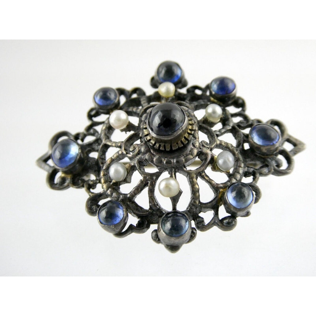 Antique Victorian Sterling Silver Sapphire Seed Pearl Openwork Pin Pendant 9.1g