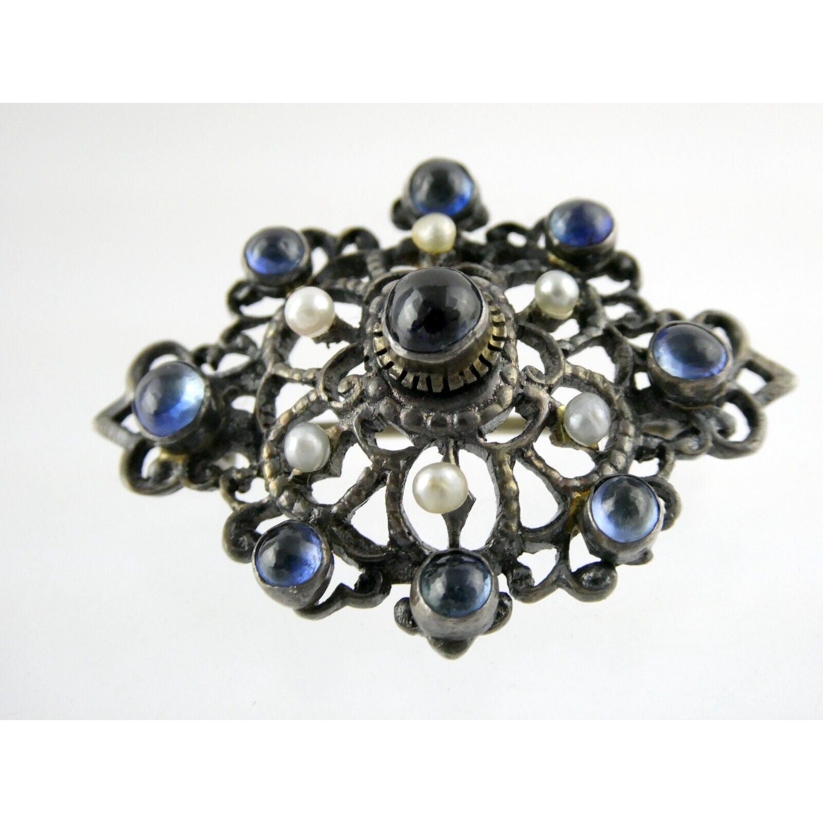 Antique Victorian Sterling Silver Sapphire Seed Pearl Openwork Pin Pendant 9.1g