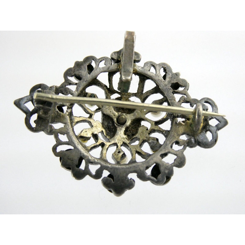 Antique Victorian Sterling Silver Sapphire Seed Pearl Openwork Pin Pendant 9.1g