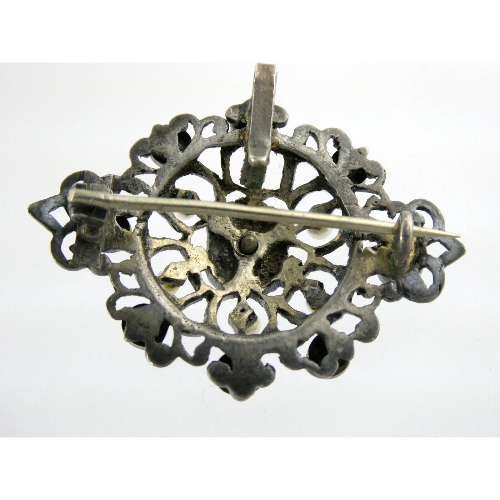 Antique Victorian Sterling Silver Sapphire Seed Pearl Openwork Pin Pendant 9.1g