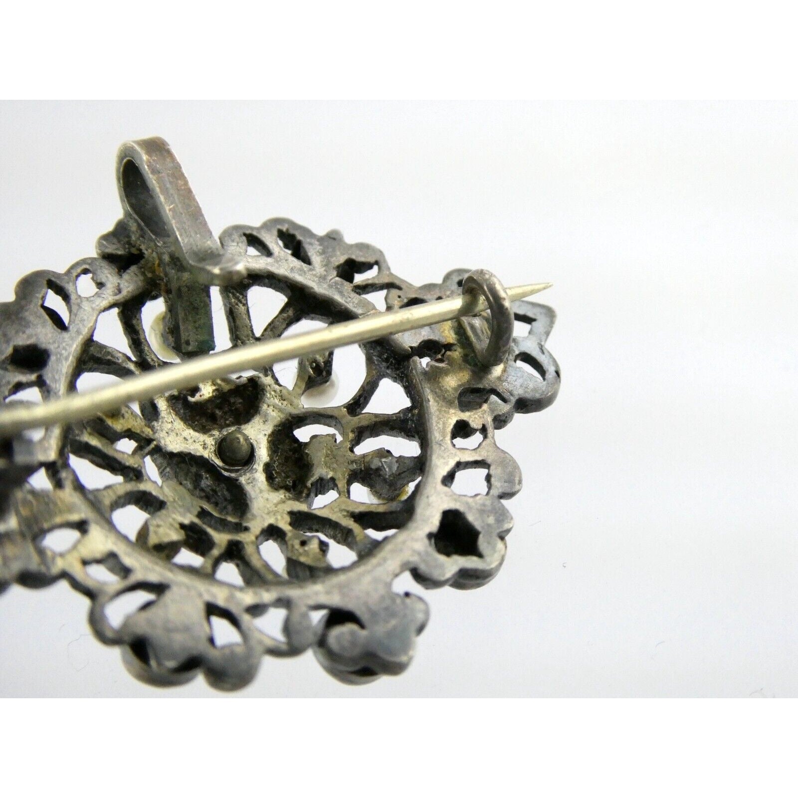 Antique Victorian Sterling Silver Sapphire Seed Pearl Openwork Pin Pendant 9.1g