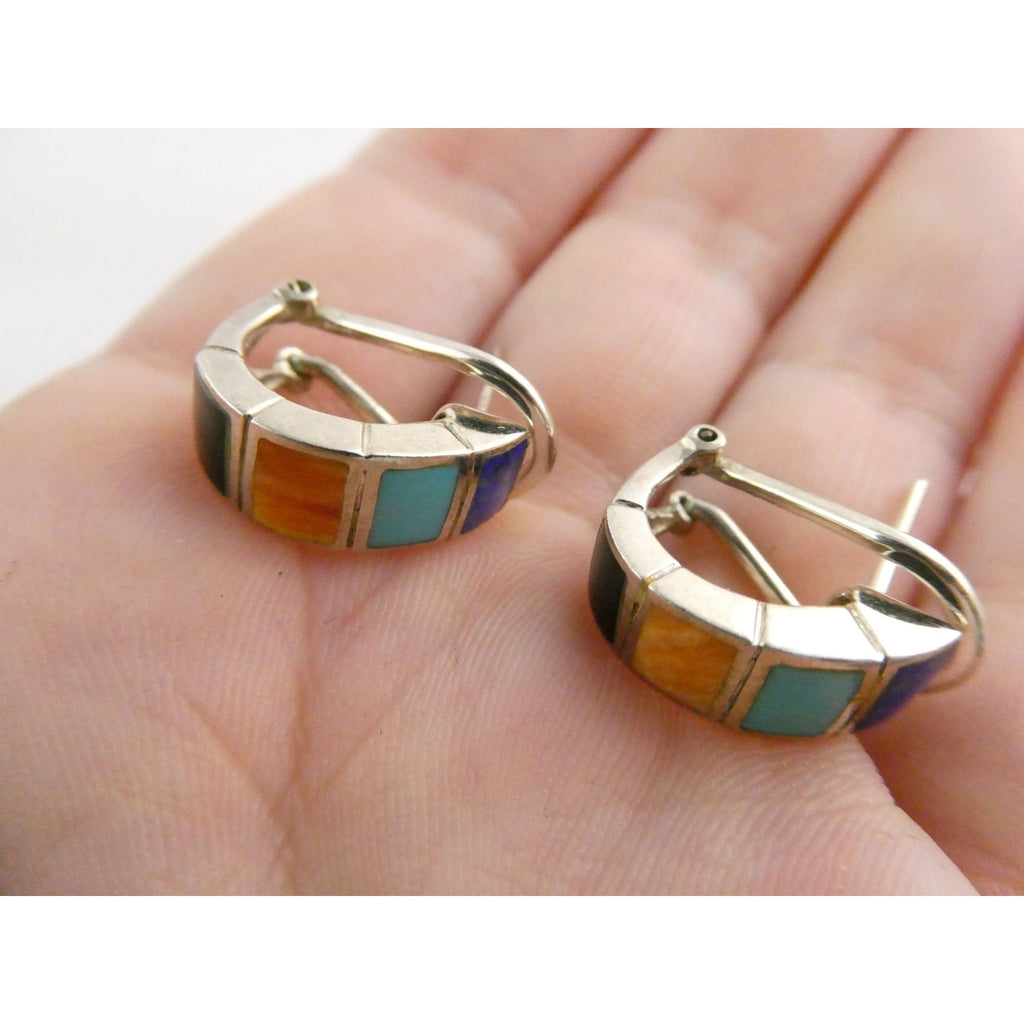 Southwestern Style Sterling Silver Multi Gem Curled Earrings .75 Inch Length 6g