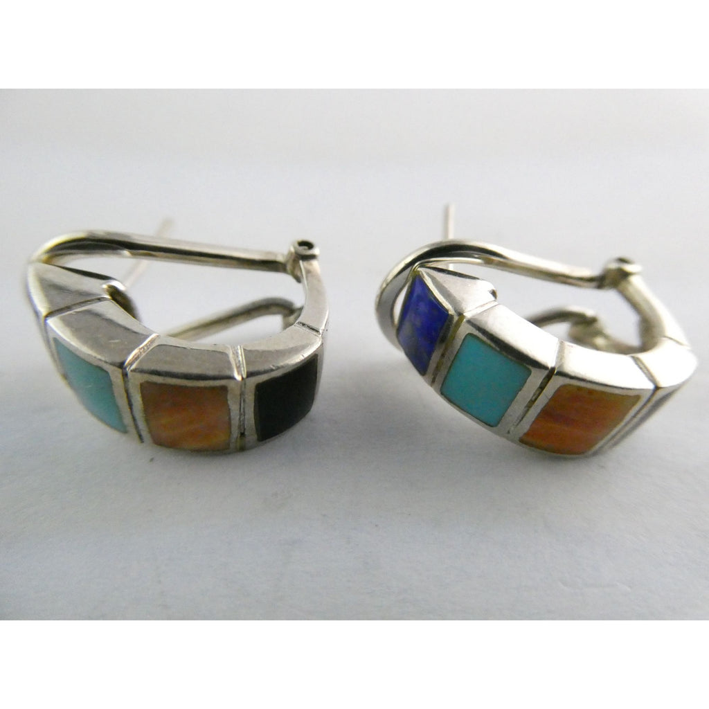 Southwestern Style Sterling Silver Multi Gem Curled Earrings .75 Inch Length 6g