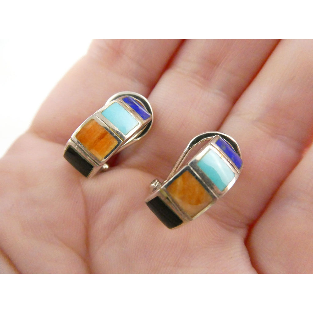 Southwestern Style Sterling Silver Multi Gem Curled Earrings .75 Inch Length 6g