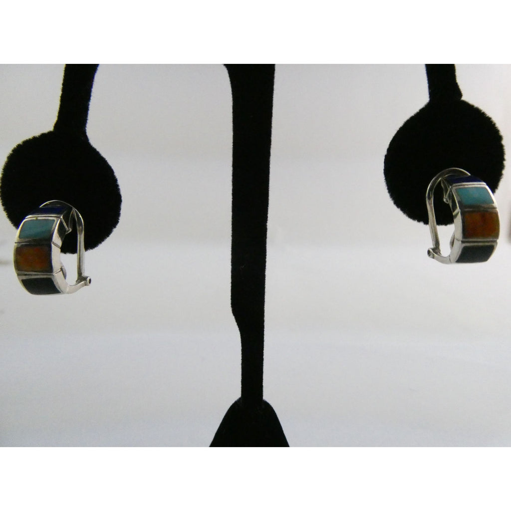Southwestern Style Sterling Silver Multi Gem Curled Earrings .75 Inch Length 6g