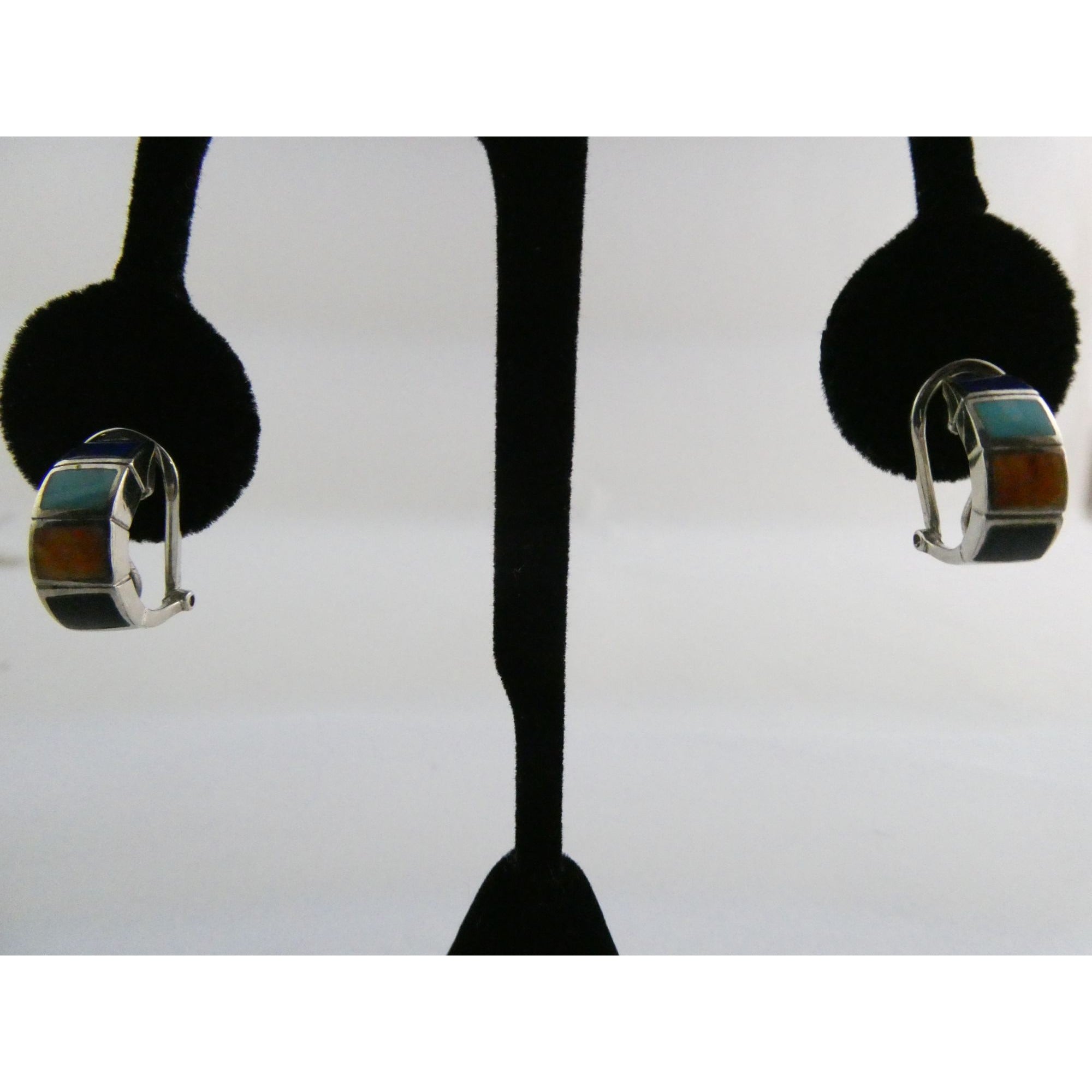 Southwestern Style Sterling Silver Multi Gem Curled Earrings .75 Inch Length 6g