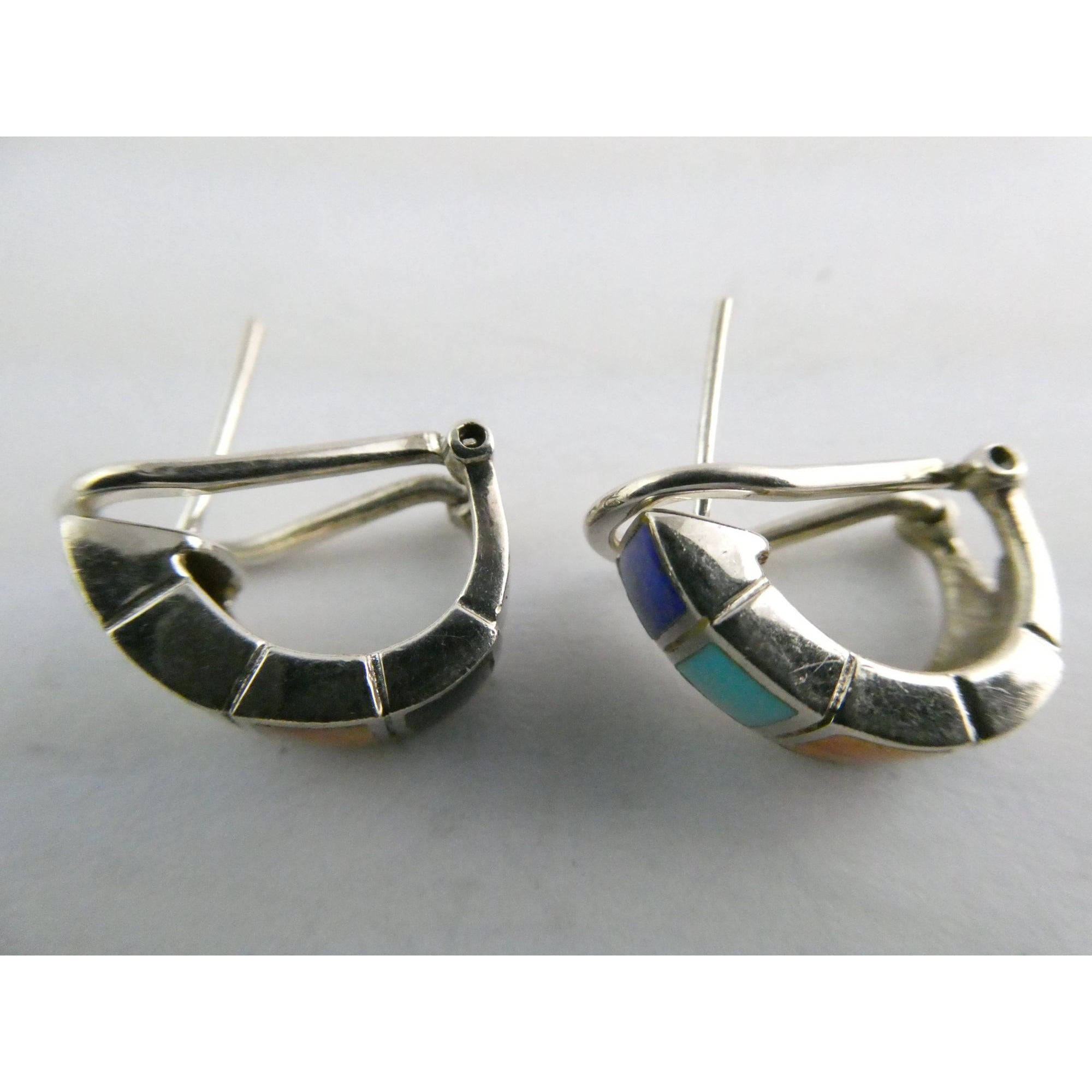 Southwestern Style Sterling Silver Multi Gem Curled Earrings .75 Inch Length 6g