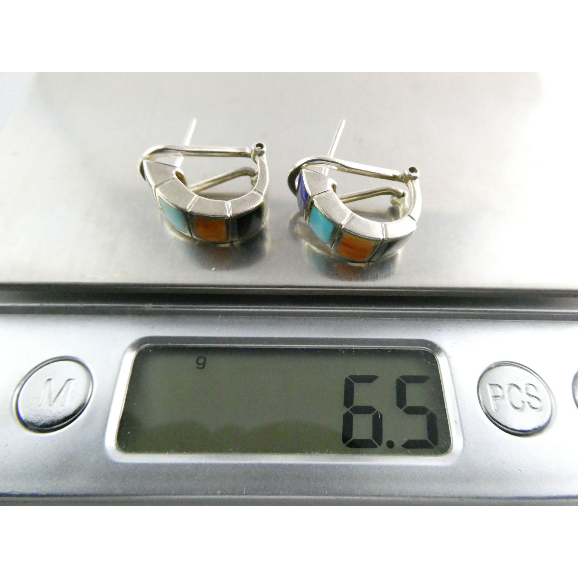 Southwestern Style Sterling Silver Multi Gem Curled Earrings .75 Inch Length 6g