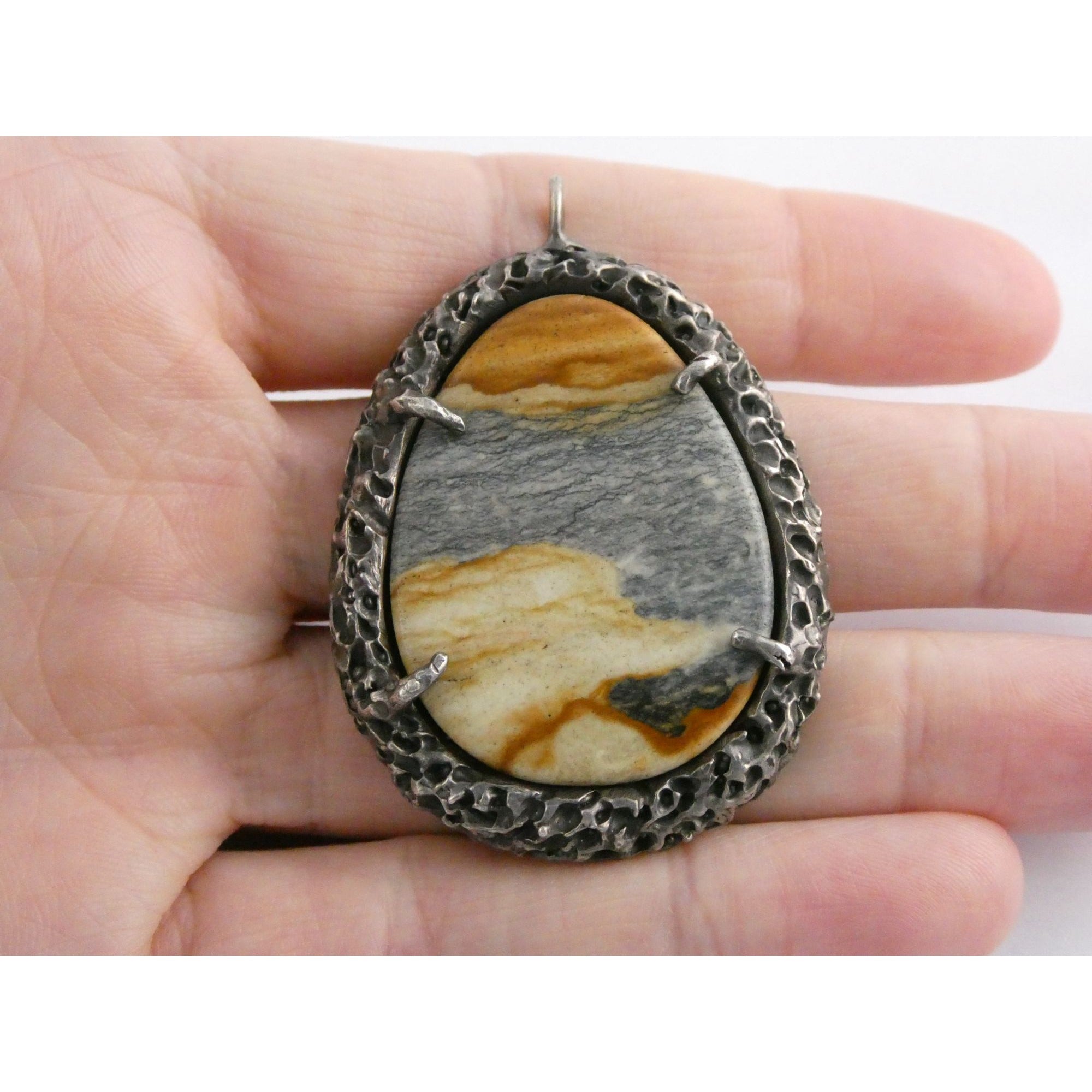 Vintage Southwestern Sterling Silver Picture Stone Jasper Handmade Pendant 37g