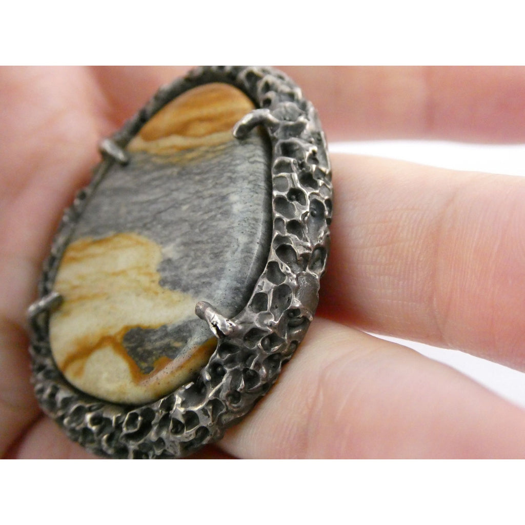 Vintage Southwestern Sterling Silver Picture Stone Jasper Handmade Pendant 37g