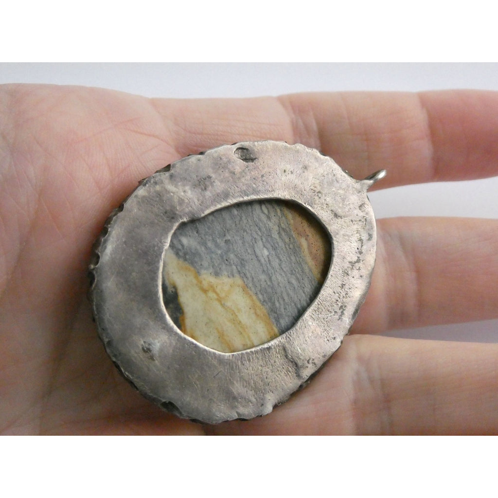 Vintage Southwestern Sterling Silver Picture Stone Jasper Handmade Pendant 37g