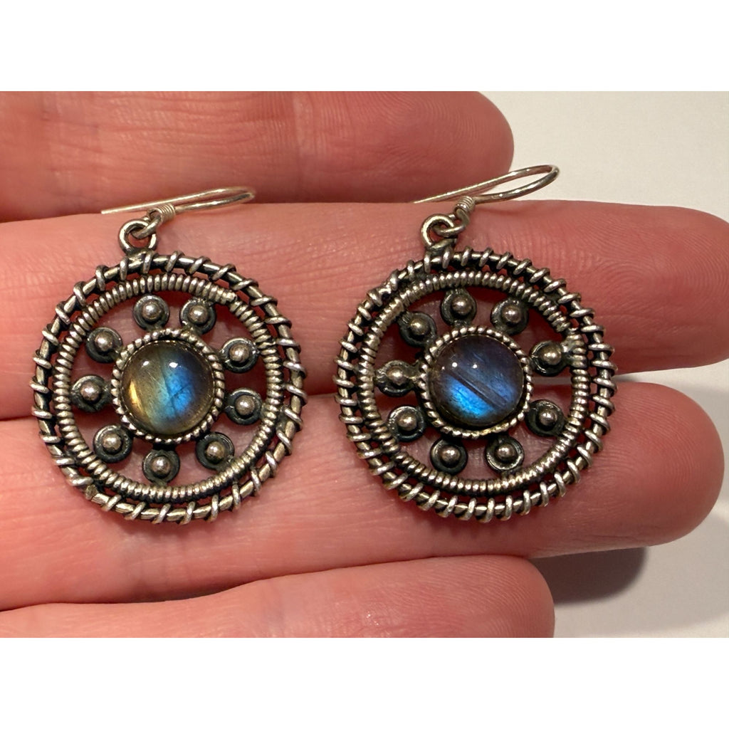Sterling Silver Labradorite Cabochon Rounded Hook Earrings 9.5g 1.5 Inches Long