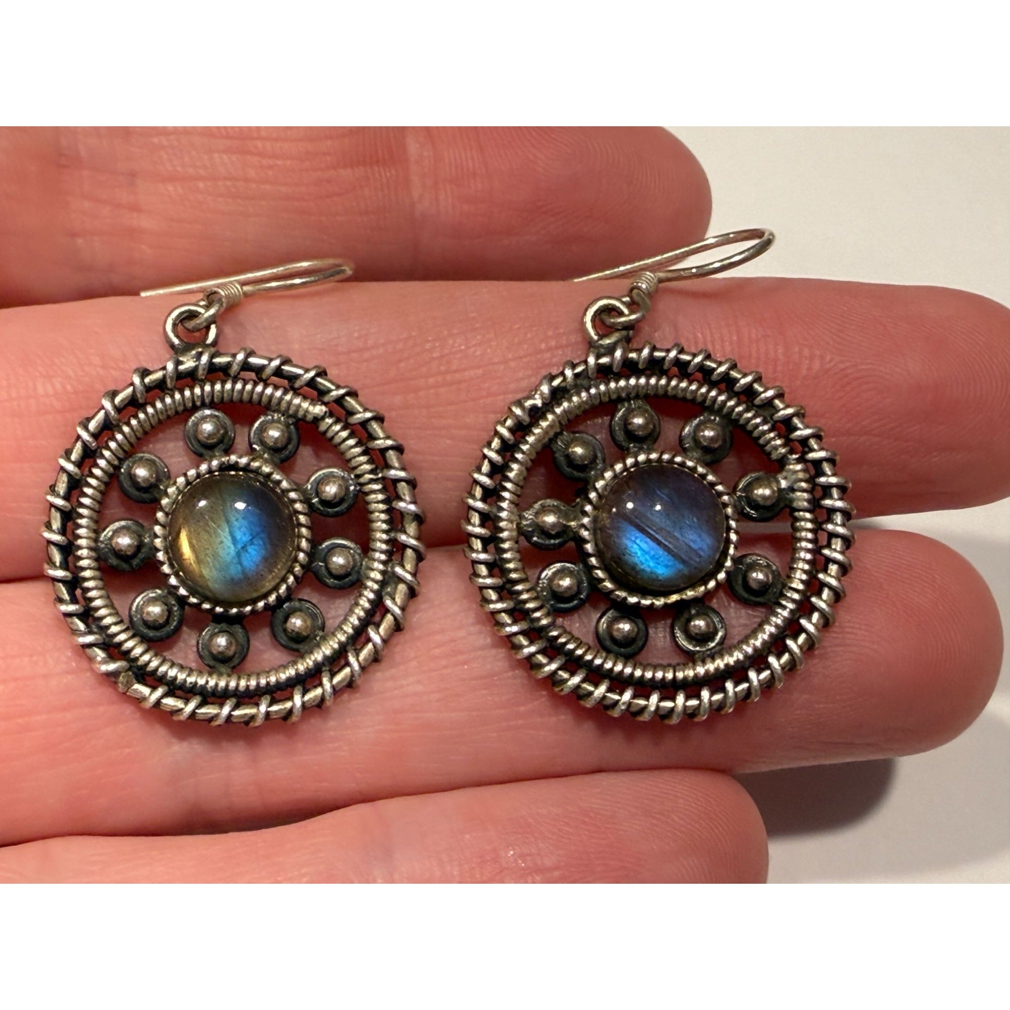 Sterling Silver Labradorite Cabochon Rounded Hook Earrings 9.5g 1.5 Inches Long