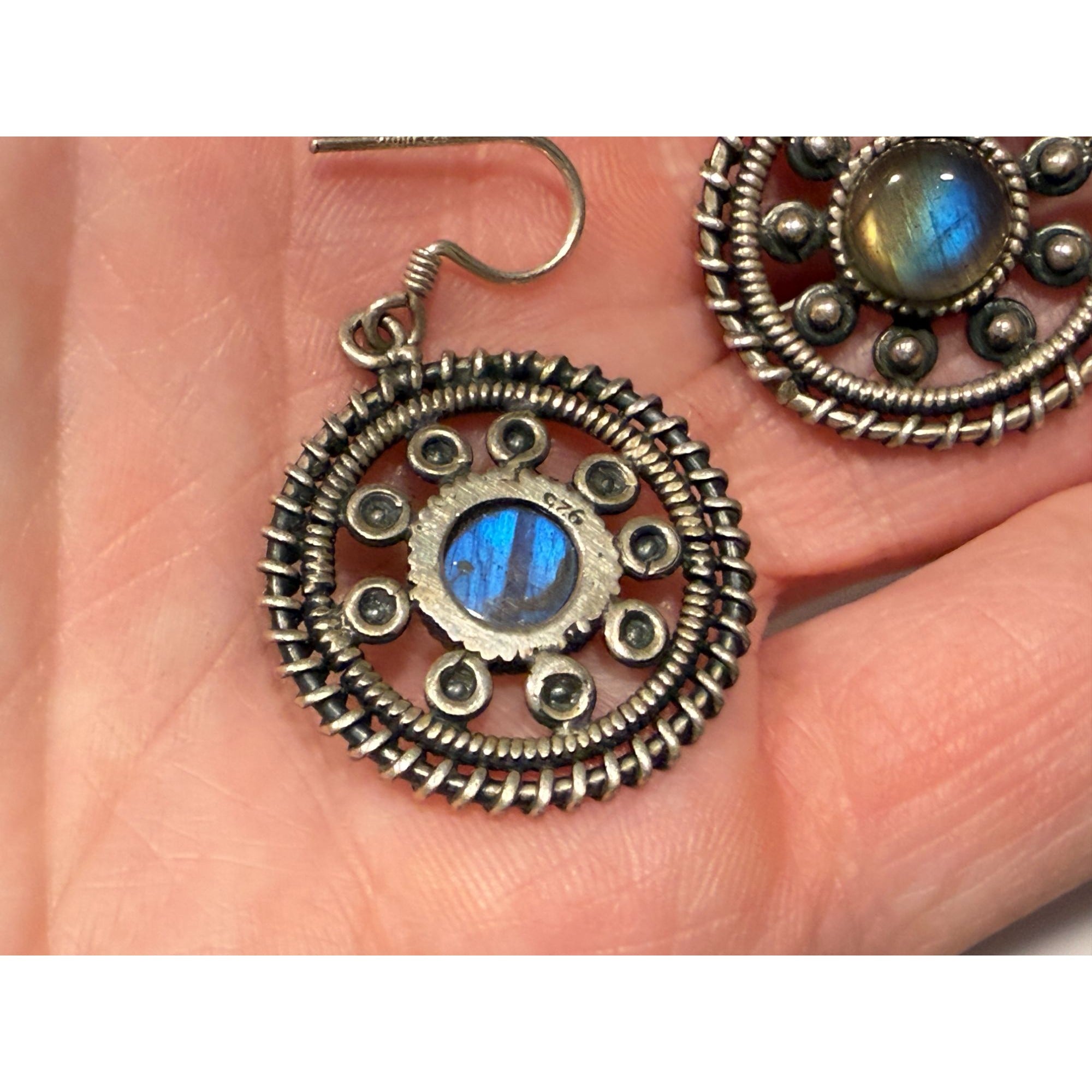 Sterling Silver Labradorite Cabochon Rounded Hook Earrings 9.5g 1.5 Inches Long
