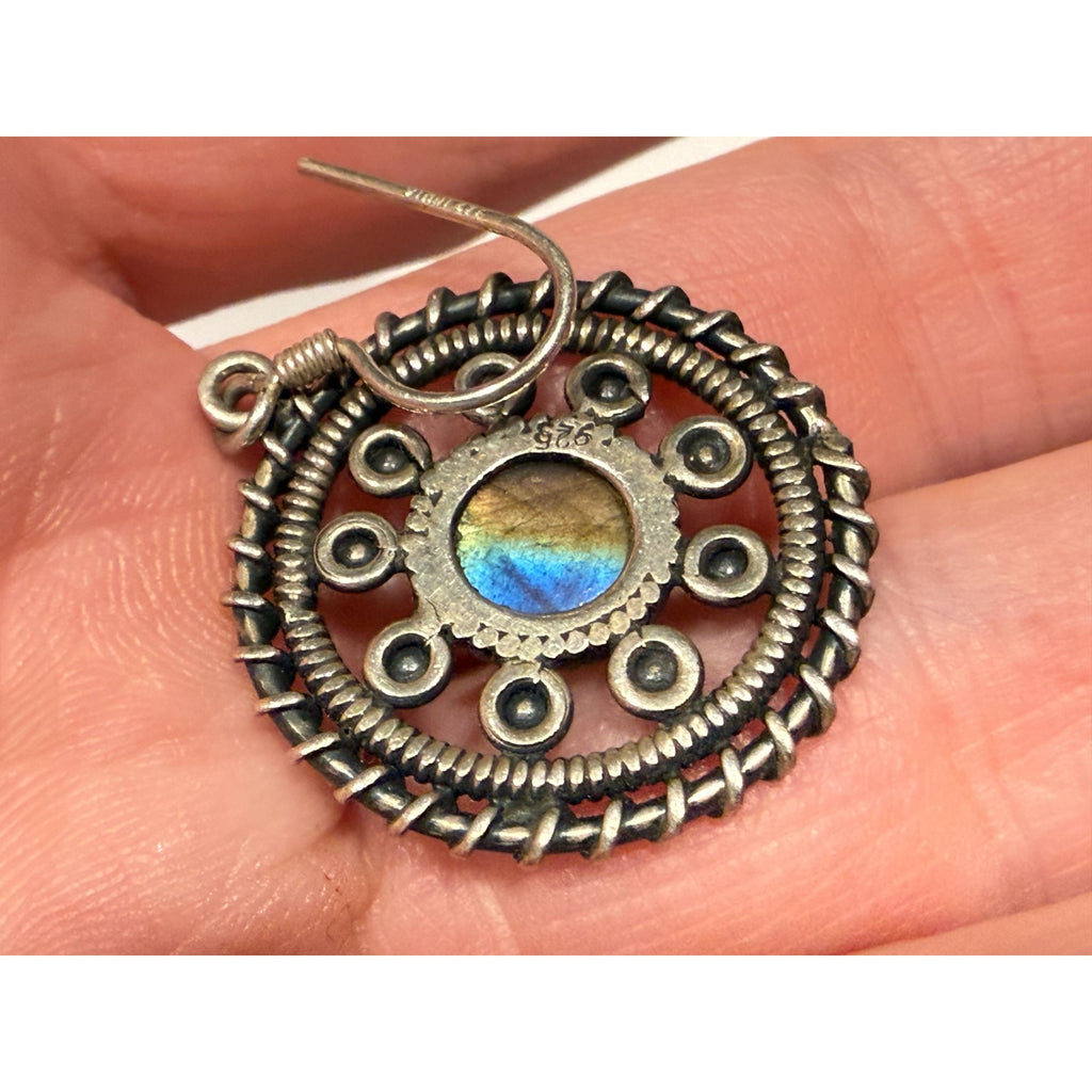 Sterling Silver Labradorite Cabochon Rounded Hook Earrings 9.5g 1.5 Inches Long