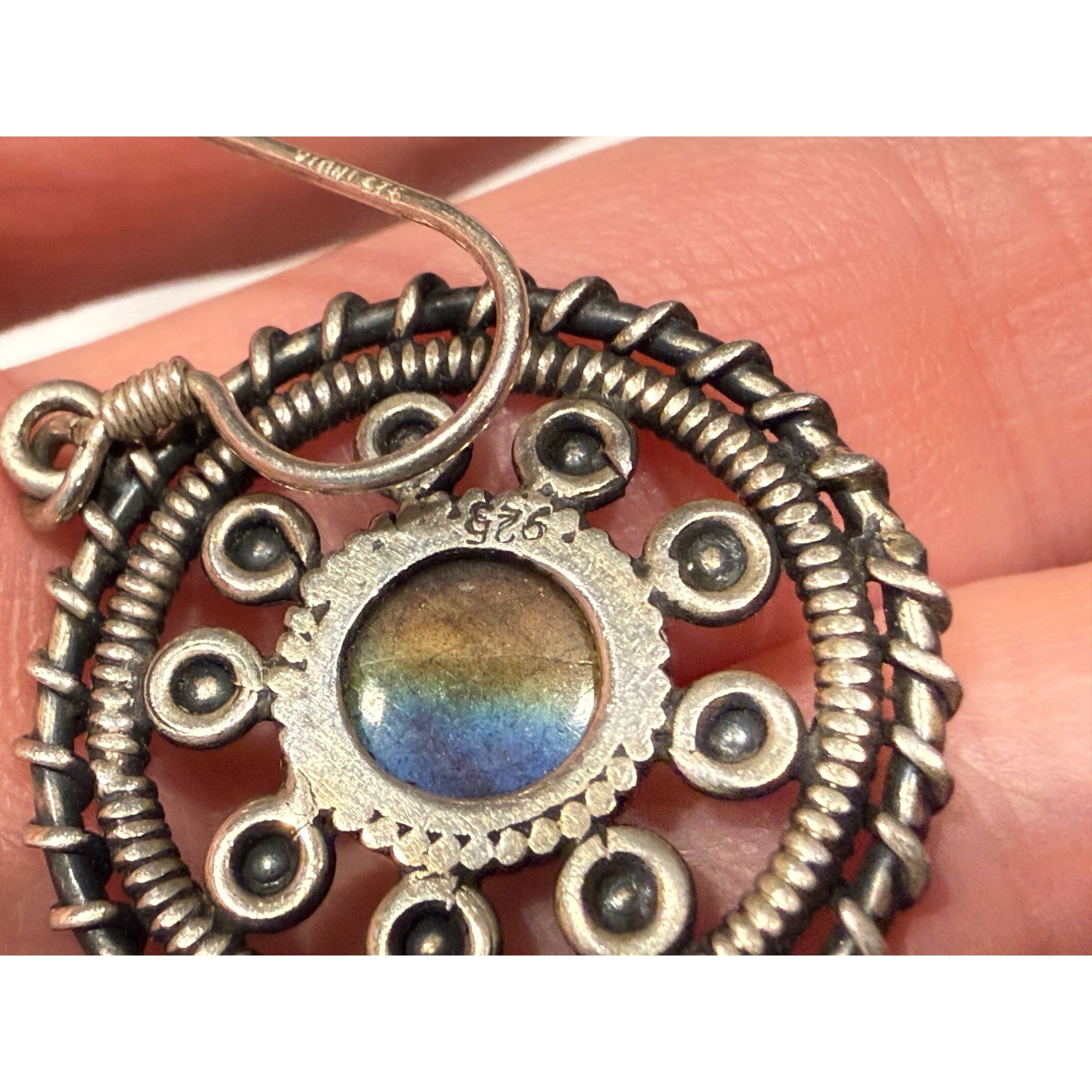Sterling Silver Labradorite Cabochon Rounded Hook Earrings 9.5g 1.5 Inches Long