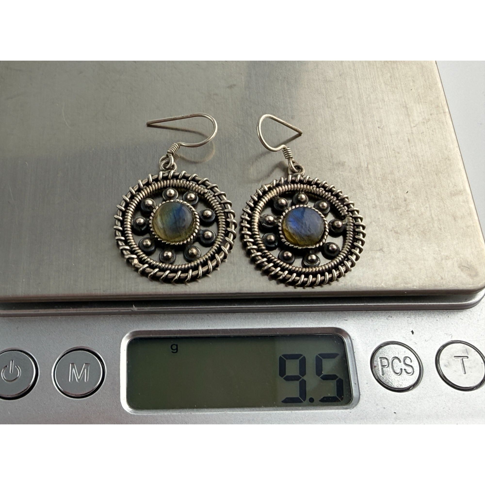 Sterling Silver Labradorite Cabochon Rounded Hook Earrings 9.5g 1.5 Inches Long