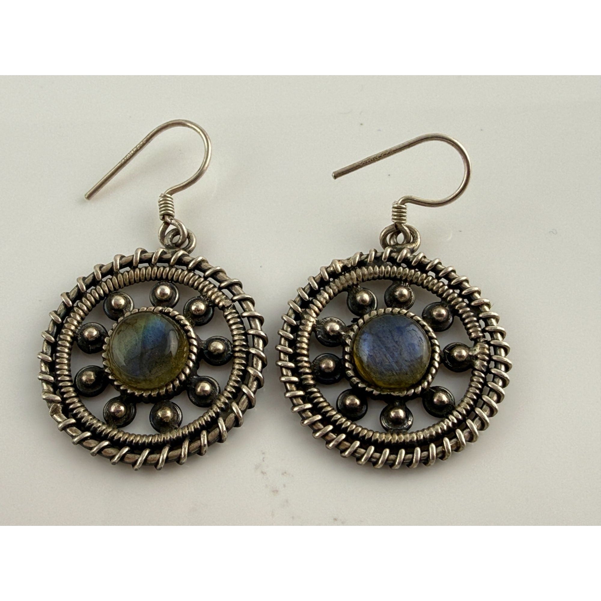 Sterling Silver Labradorite Cabochon Rounded Hook Earrings 9.5g 1.5 Inches Long