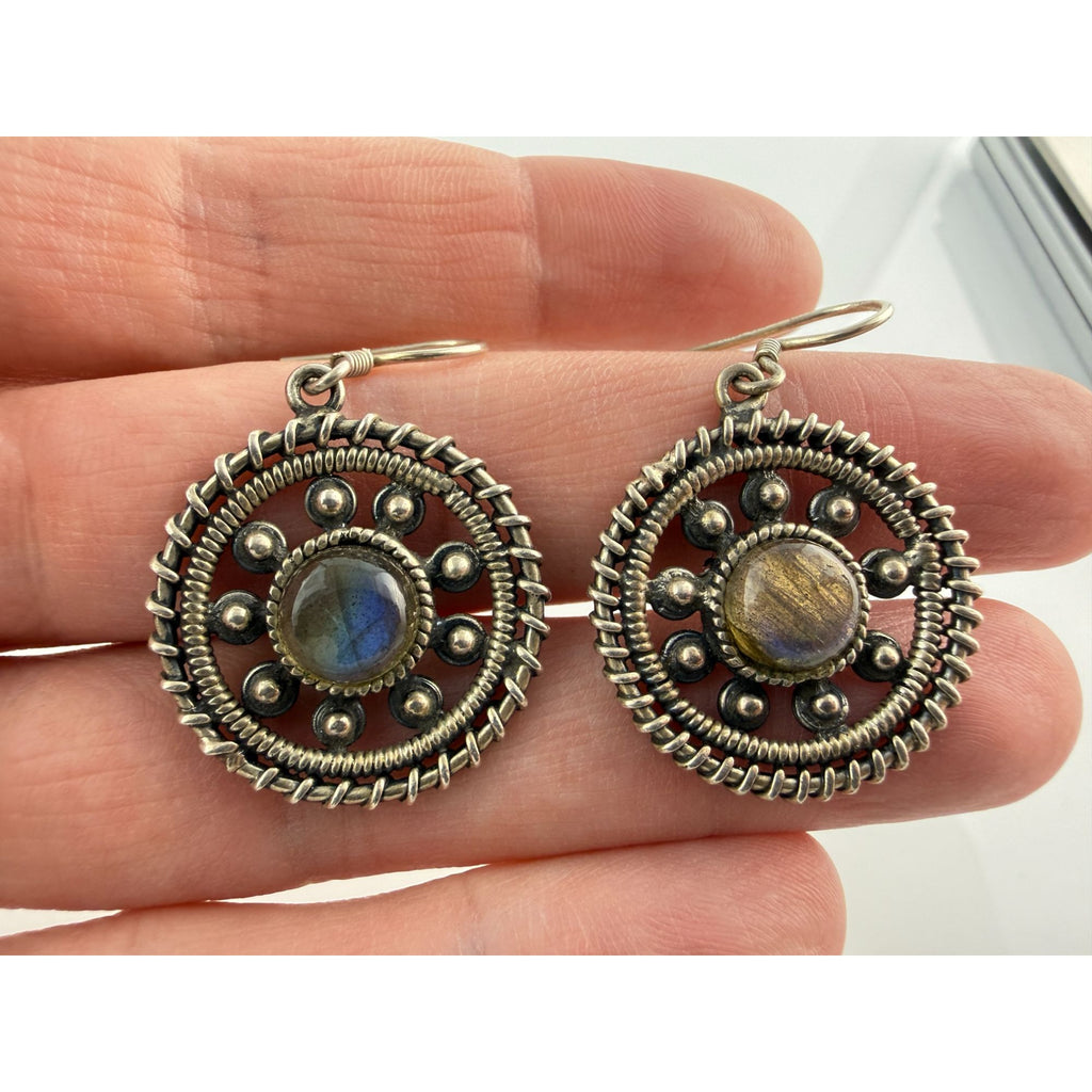 Sterling Silver Labradorite Cabochon Rounded Hook Earrings 9.5g 1.5 Inches Long