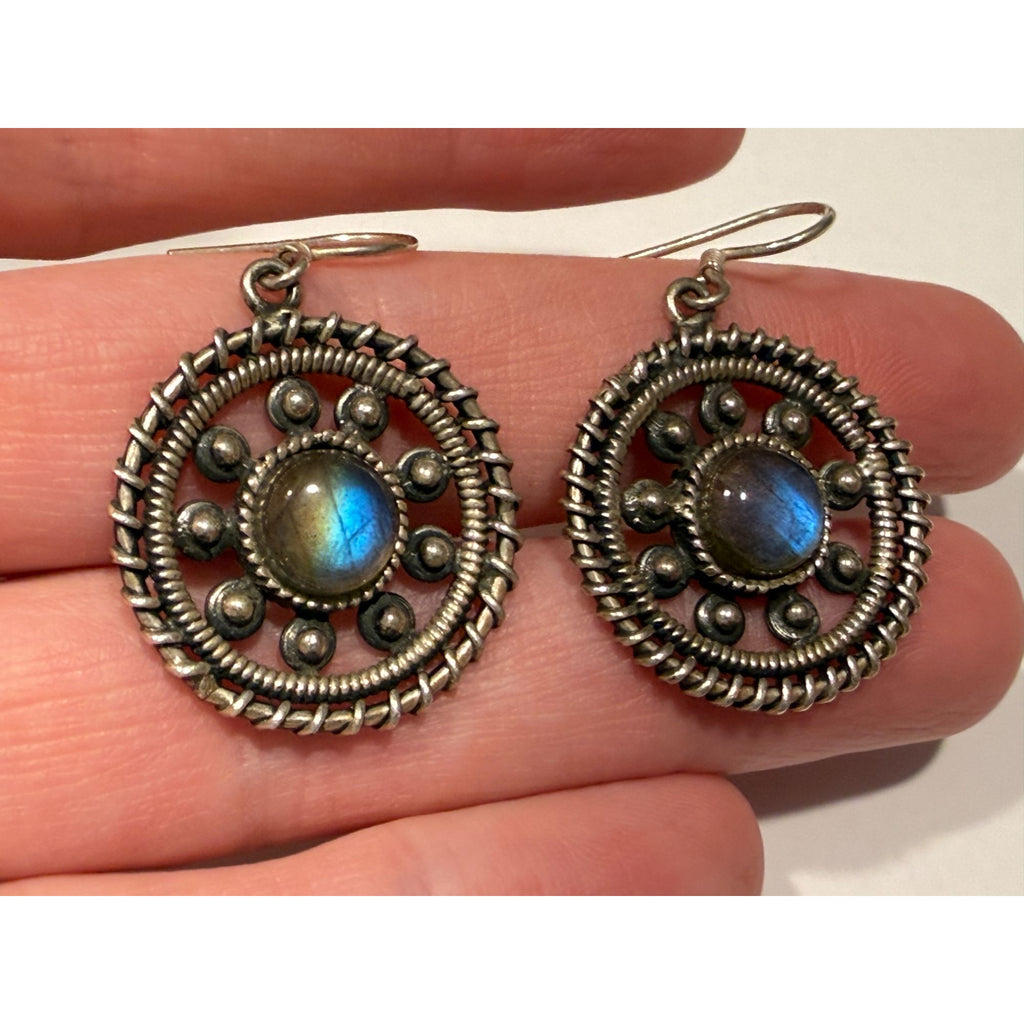 Sterling Silver Labradorite Cabochon Rounded Hook Earrings 9.5g 1.5 Inches Long