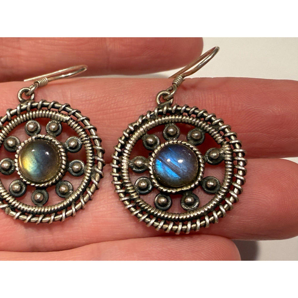 Sterling Silver Labradorite Cabochon Rounded Hook Earrings 9.5g 1.5 Inches Long