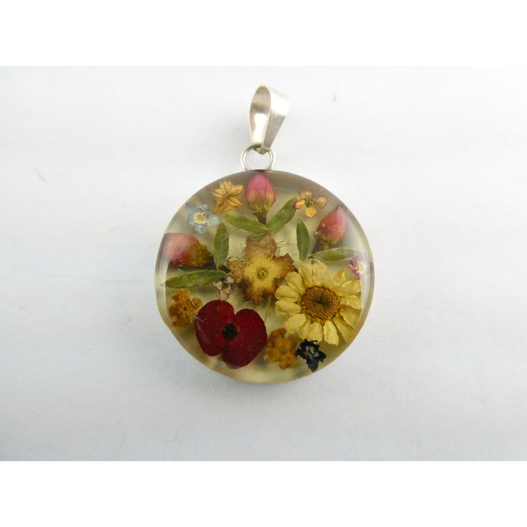 Sterling Silver Resin Encased Dried Flowers Circle Pendant 5.5g 39mm Length