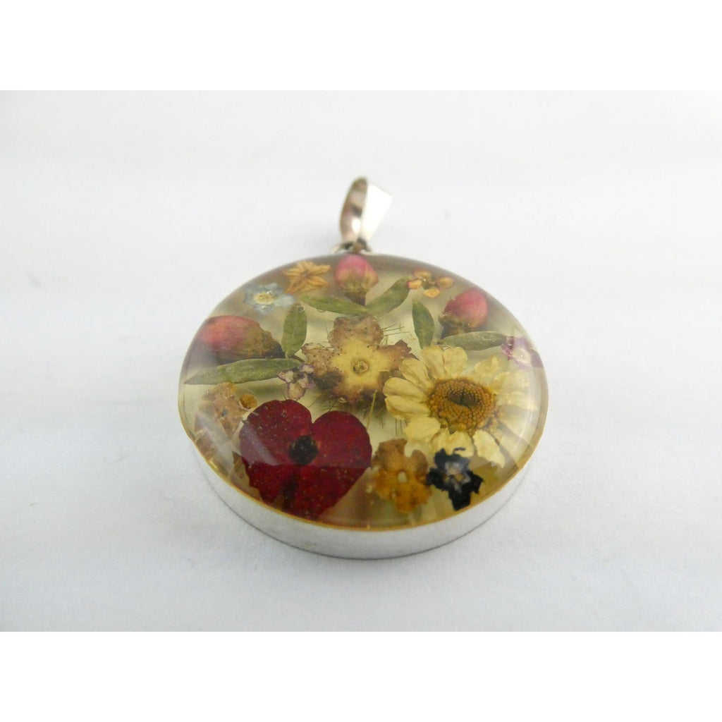 Sterling Silver Resin Encased Dried Flowers Circle Pendant 5.5g 39mm Length
