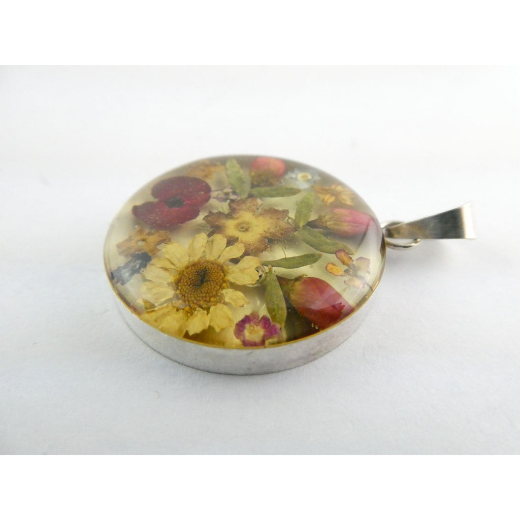 Sterling Silver Resin Encased Dried Flowers Circle Pendant 5.5g 39mm Length