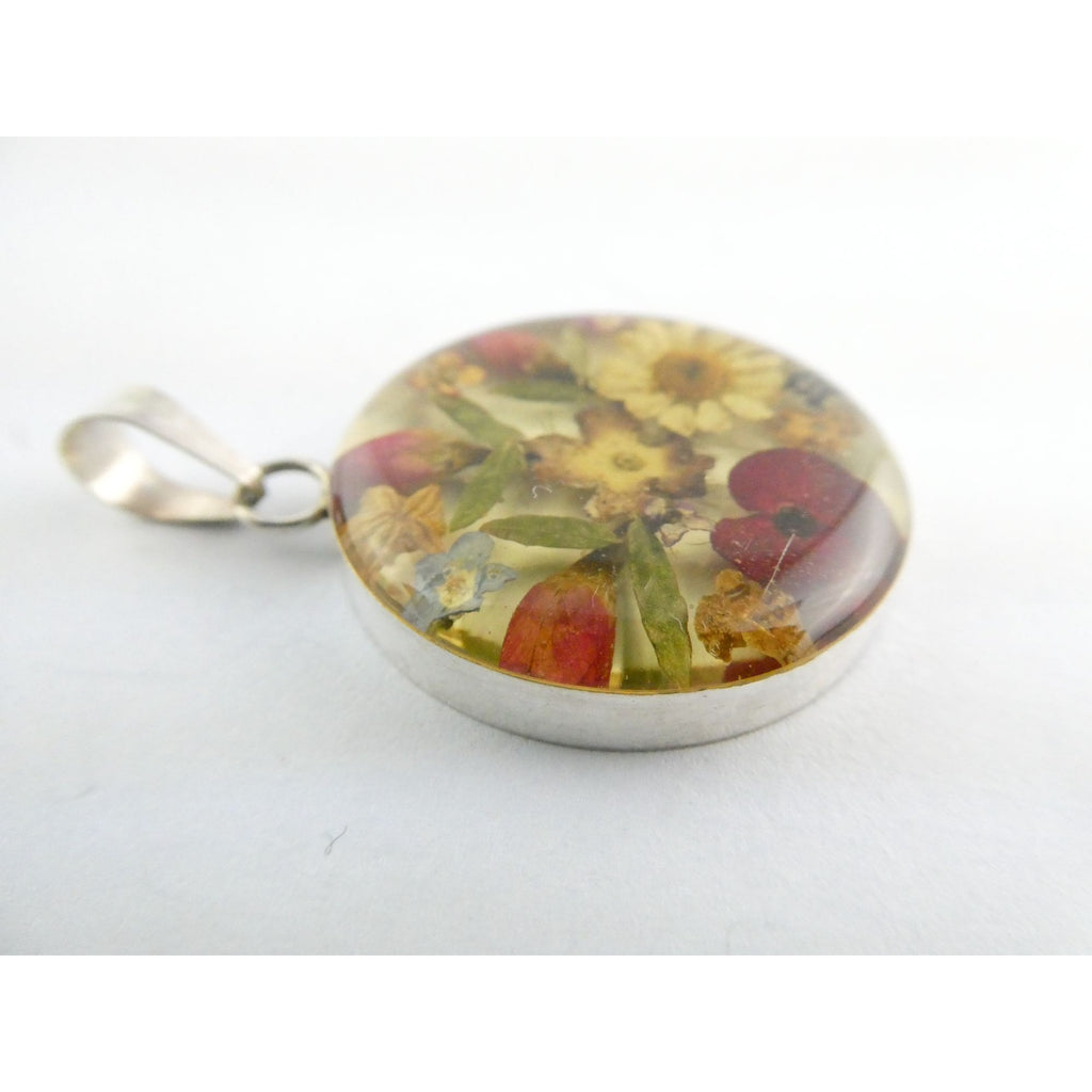 Sterling Silver Resin Encased Dried Flowers Circle Pendant 5.5g 39mm Length