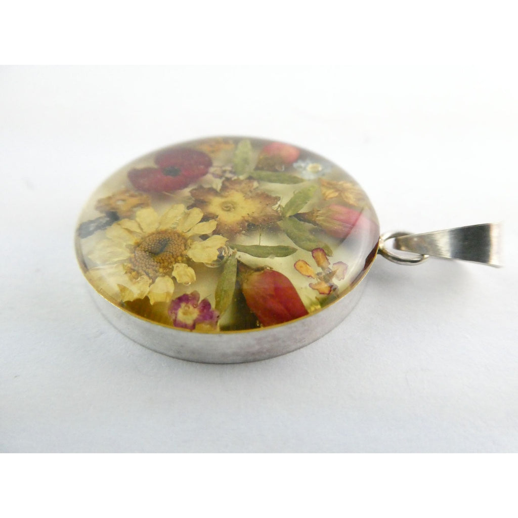 Sterling Silver Resin Encased Dried Flowers Circle Pendant 5.5g 39mm Length